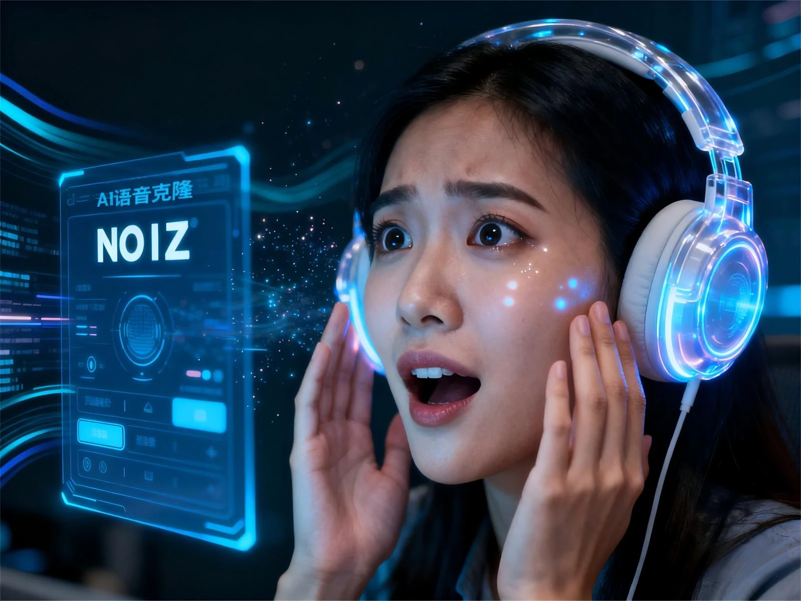 中国女性佩戴耳机体验 Noiz AI 语音克隆,身旁展示声音克隆操作界面