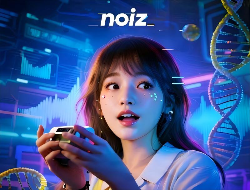 Noiz AI声音克隆技术演示：专注的女性操作者通过智能控制器实现高精度音色复刻，背景中的声波图谱与DNA结构象征AI配音技术的科学性与精准度。