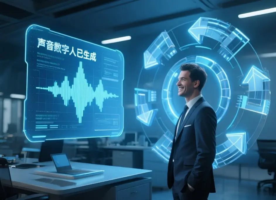 Noiz AI声音克隆成果展示：商务男士在科技感办公室中，身旁悬浮着"声音数字人已生成"的声波屏幕，展现Noiz 官网精准的声音克隆技术与AI配音能力。